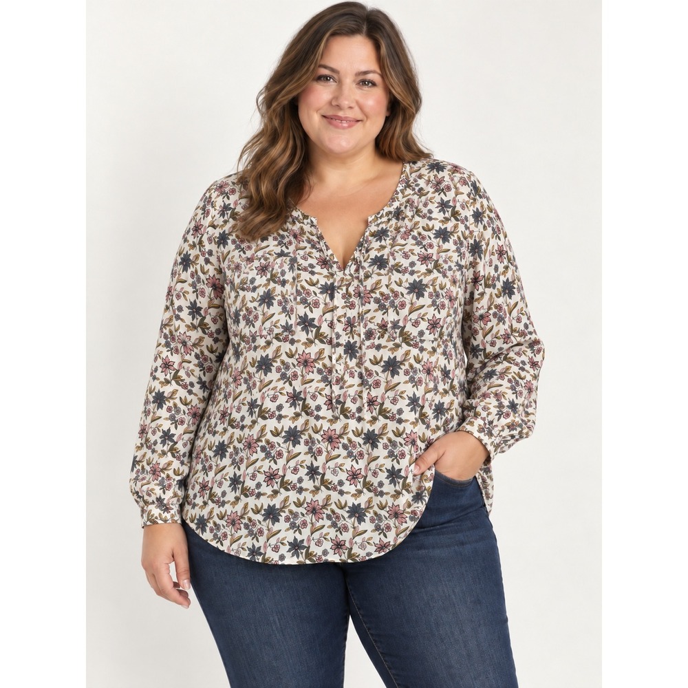 Loft Plus Size 24 Floral Split Neck Tie Blouse Long Sleeve White Pink Blue NWT